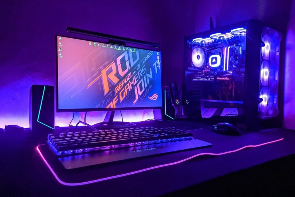 Gaming setup with RGB keyboard and monitor in purple light